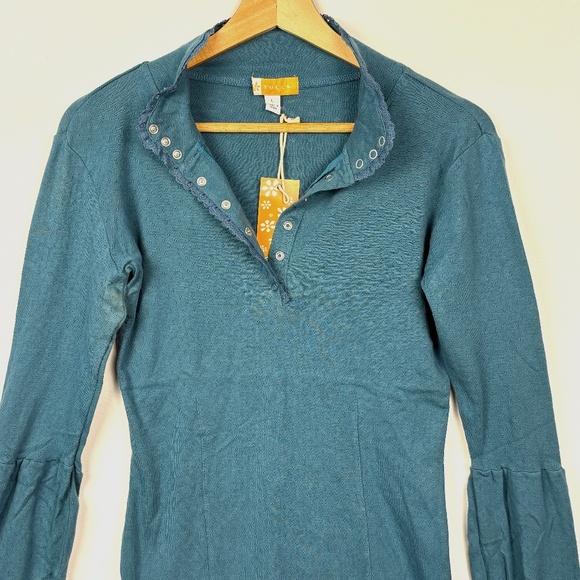 Women Tulle Long Sleeve Y2K Henley Lacey Snap Top Sz L Pointelle Jersey NWT 2000 - Picture 2 of 14